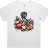 White women’s Martina T-shirt with an emu among pink everlasting daisies printed on the front