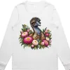Elegant Emu with Everlasting Daisies printed on a white Women’s Long Sleeve T-Shirt, design by Australia Art Prints