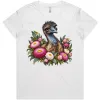 White women’s T-shirt printed on the front with an emu among pink everlasting daisies
