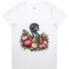Elegant Emu with Everlasting Daisies printed on a white Women’s V-Neck T-Shirt, design by Australia Art Prints