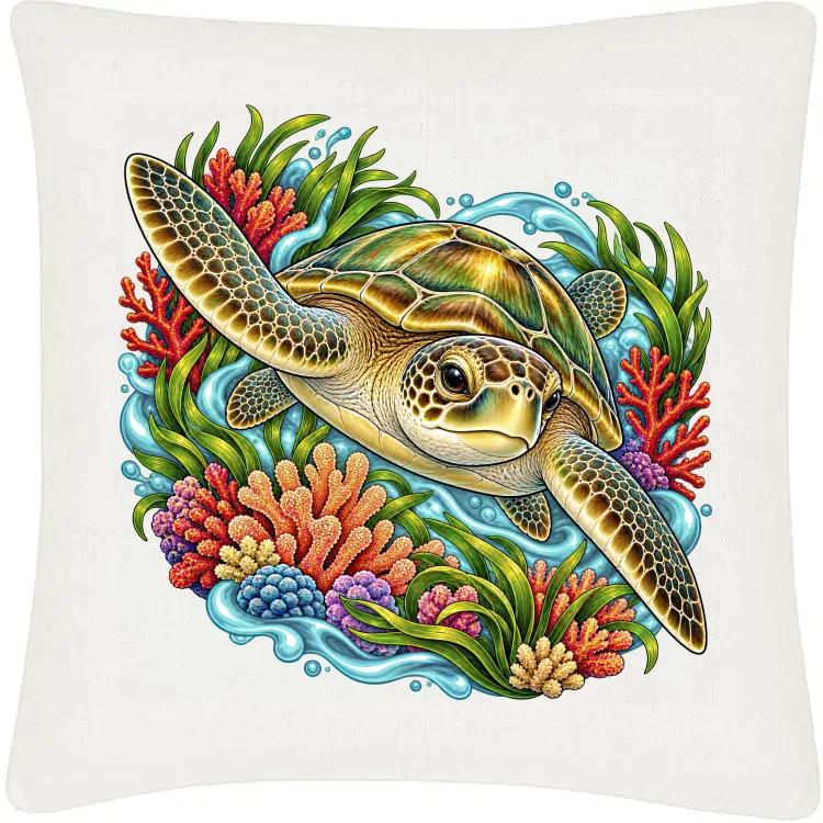 Green Sea Turtle Among Coral and Seagrass printed on an off white Cushion Cover, design by Australia Art Prints