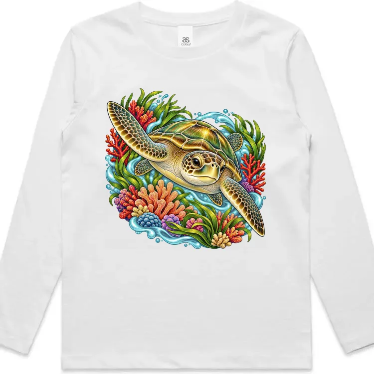 Green Sea Turtle Among Coral and Seagrass printed on a white Kids Long Sleeve T-Shirt, design by Australia Art Prints