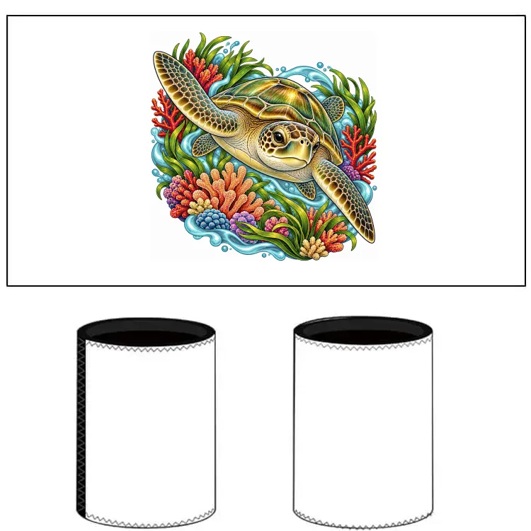 Green Sea Turtle Among Coral and Seagrass printed on a white Stubby Holder, design by Australia Art Prints