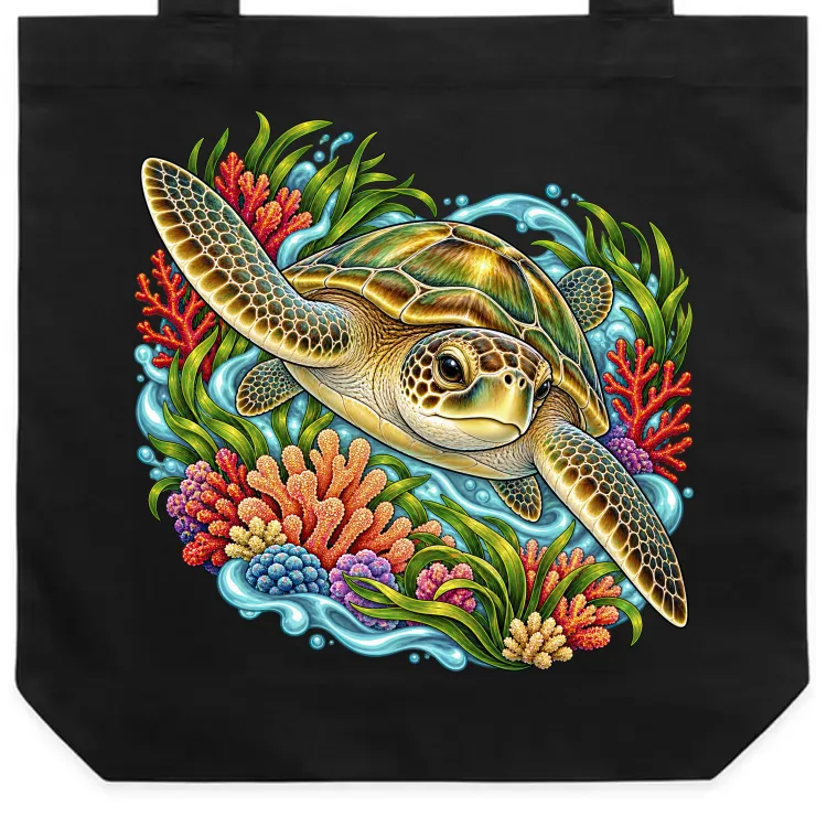 Green Sea Turtle Among Coral and Seagrass printed on a black Tote Bag, design by Australia Art Prints