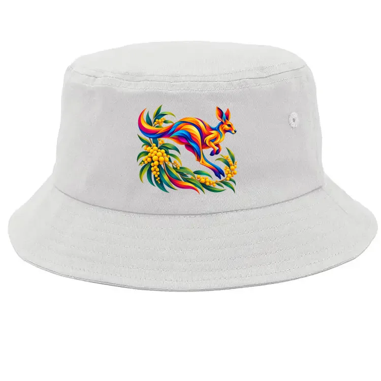 Kangaroo with Eucalyptus and Wattle printed on a white Bucket Hat, design by Australia Art Prints