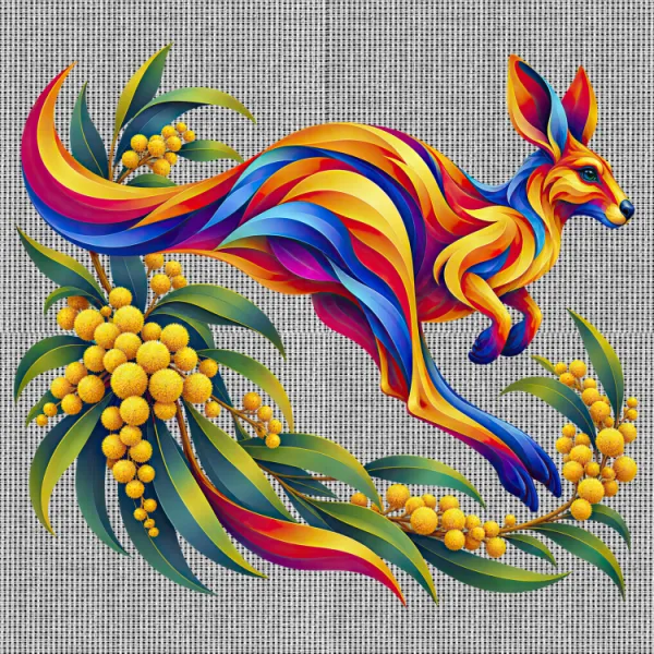 Kangaroo with Eucalyptus and Wattle printed on a white Cross Stitch Canvas, design by Australia Art Prints