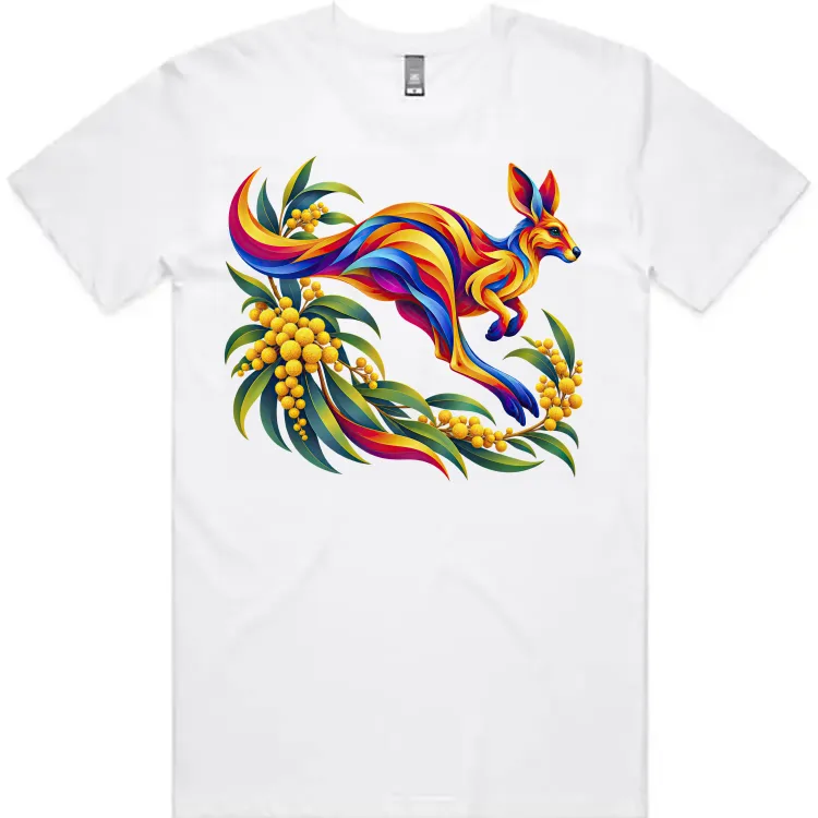 Kangaroo with Eucalyptus and Wattle printed on a white Men’s T-Shirt, design by Australia Art Prints
