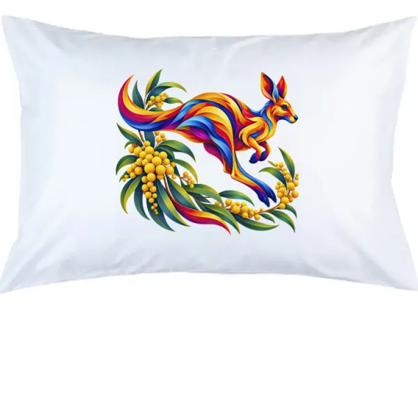 Kangaroo with Eucalyptus and Wattle printed on a white Pillow Case, design by Australia Art Prints
