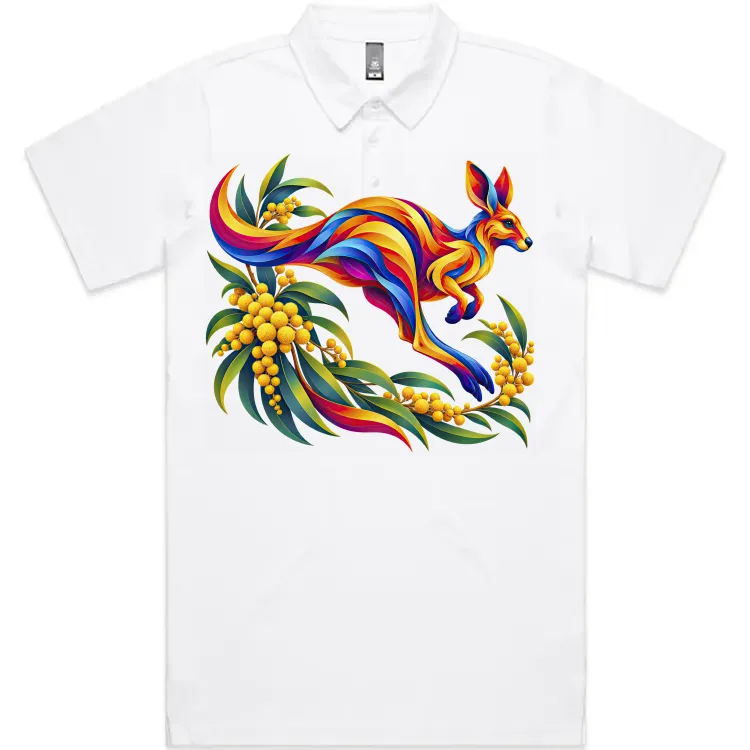 Kangaroo with Eucalyptus and Wattle printed on a white Polo Shirt, design by Australia Art Prints