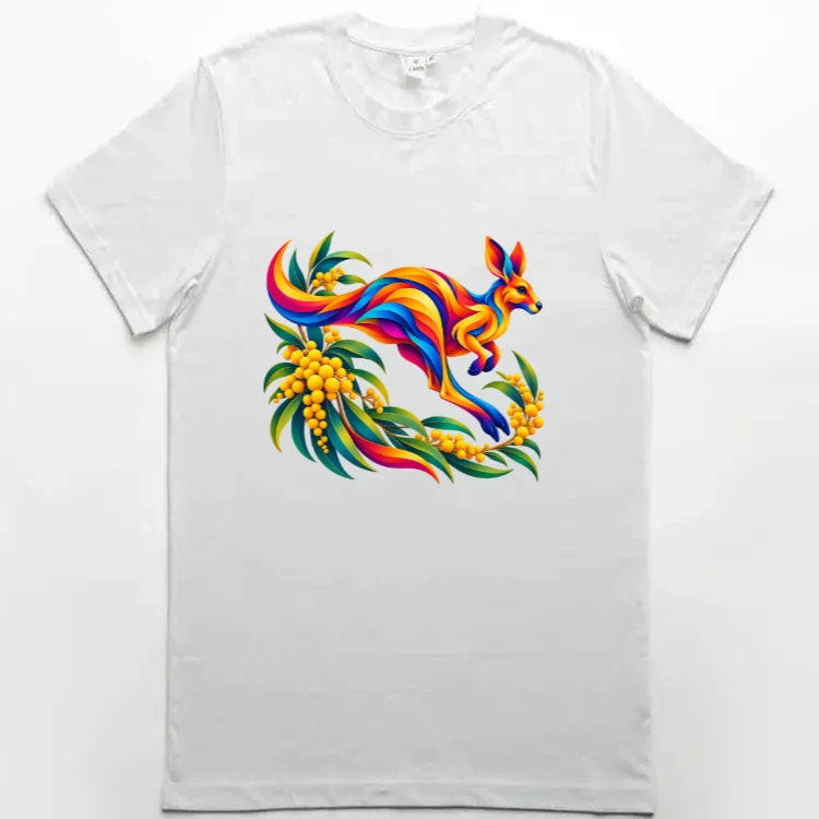 Kangaroo with Eucalyptus and Wattle printed on a white Premium Men’s T-Shirt, design by Australia Art Prints