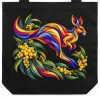 Kangaroo with Eucalyptus and Wattle printed on a black Tote Bag, design by Australia Art Prints