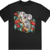 Koala in Coral Eucalyptus printed on a black Boxy T-Shirt, design by Australia Art Prints