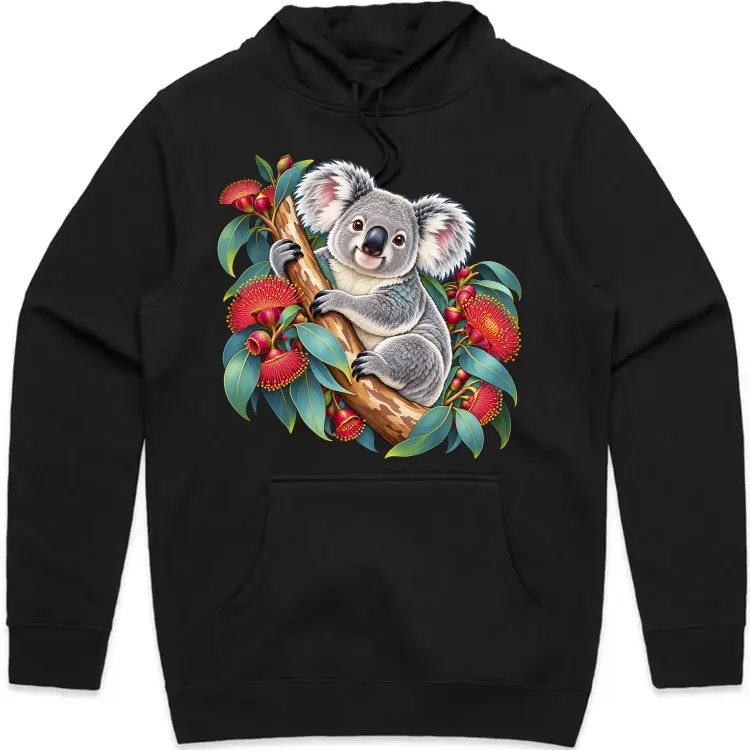 Koala in Coral Eucalyptus printed on a black Hoodie, design by Australia Art Prints