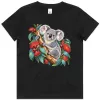 Koala in Coral Eucalyptus printed on a black Kids T-Shirt, design by Australia Art Prints