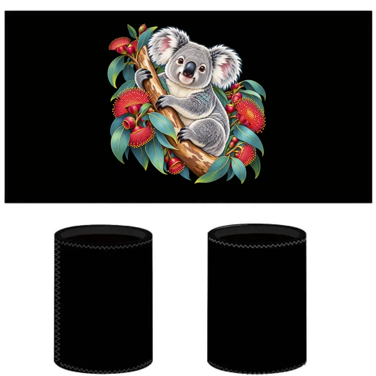 Black neoprene stubby holder printed with the Koala in Coral Eucalyptus design