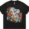 Black women’s boxy T-shirt with the Koala in Coral Eucalyptus print on the front