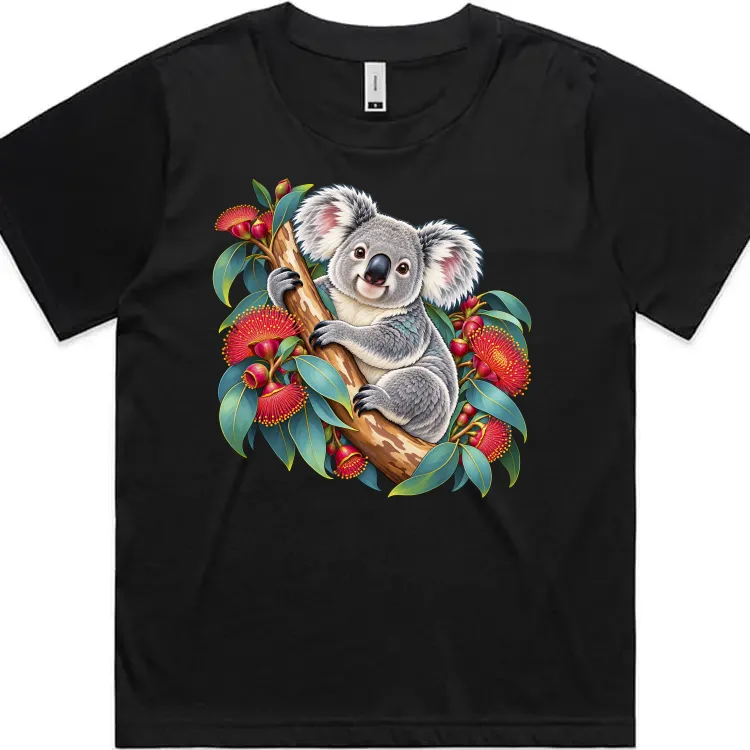 Black women’s Martina T-shirt with a koala among coral-red eucalyptus blossom printed on the front