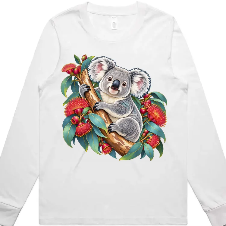 Koala in Coral Eucalyptus printed on a white Women’s Long Sleeve T-Shirt, design by Australia Art Prints