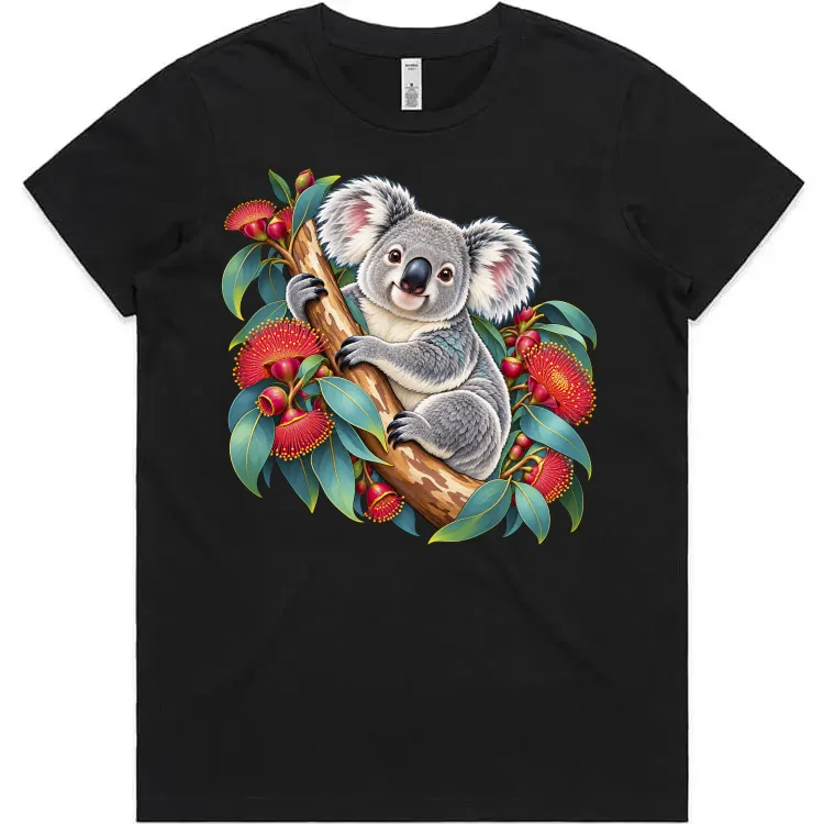 Black women’s T-shirt printed on the front with a koala among coral-red eucalyptus blossom