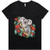Black women’s V-neck T-shirt printed with a koala among coral-red eucalyptus blossom