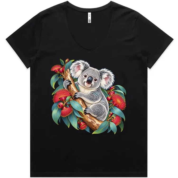 Black women’s V-neck T-shirt printed with a koala among coral-red eucalyptus blossom