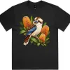 Kookaburra with Golden Banksia printed on a black Boxy T-Shirt, design by Australia Art Prints