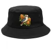 Kookaburra with Golden Banksia printed on a black Bucket Hat, design by Australia Art Prints