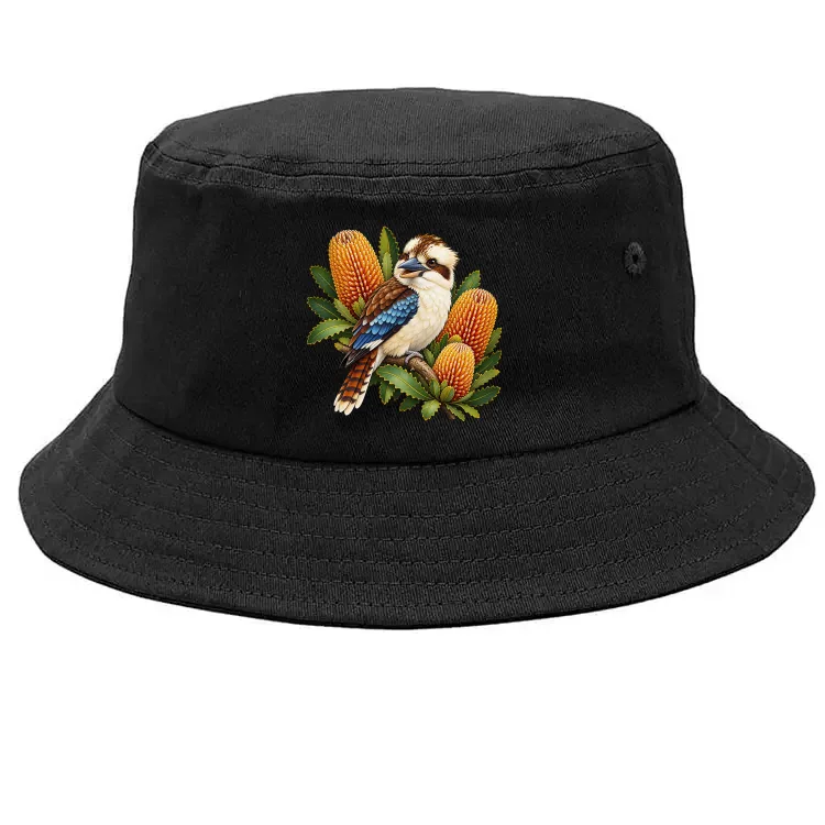 Kookaburra with Golden Banksia printed on a black Bucket Hat, design by Australia Art Prints