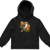 Kookaburra with Golden Banksia printed on a black Kids Hoodie, design by Australia Art Prints