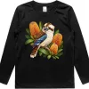 Kookaburra with Golden Banksia printed on a black Kids Long Sleeve T-Shirt, design by Australia Art Prints