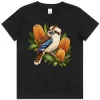 Kookaburra with Golden Banksia printed on a black Kids T-Shirt, design by Australia Art Prints