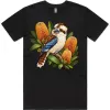 Kookaburra with Golden Banksia printed on a black Men’s T-Shirt, design by Australia Art Prints