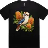 Kookaburra with Golden Banksia printed on a black Oversized T-Shirt, design by Australia Art Prints