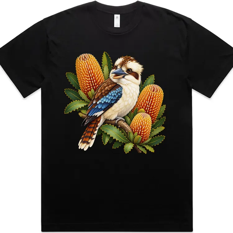 Kookaburra with Golden Banksia printed on a black Oversized T-Shirt, design by Australia Art Prints