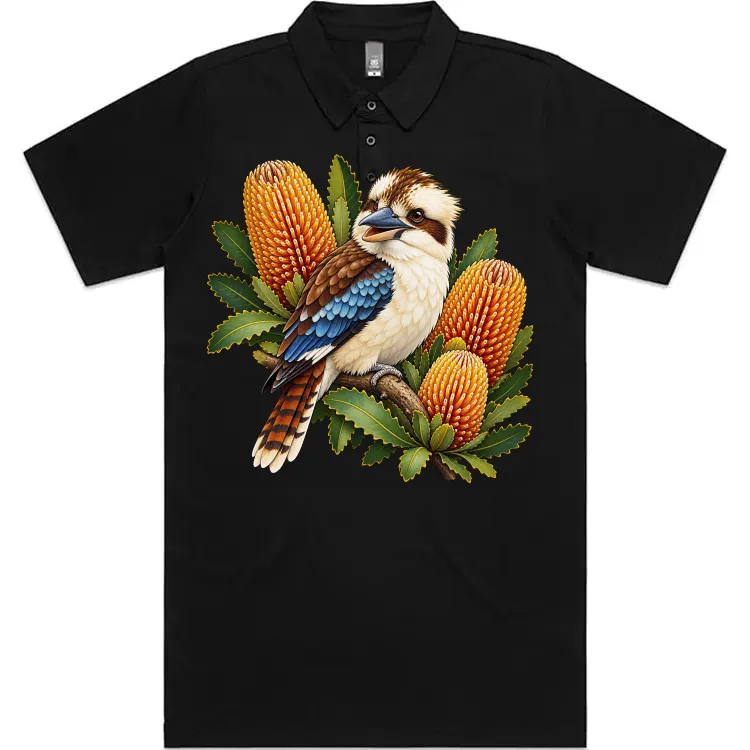 Kookaburra with Golden Banksia printed on a black Polo Shirt, design by Australia Art Prints