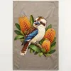 Kookaburra with Golden Banksia printed on a flax Tea Towel, design by Australia Art Prints