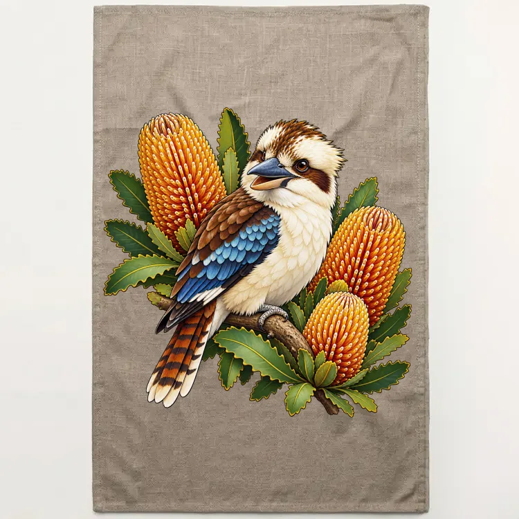 Flax tea towel printed with a kookaburra among golden banksia