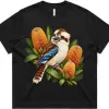 Kookaburra with Golden Banksia printed on a black Women’s Boxy T-Shirt, design by Australia Art Prints