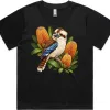 Black women’s Martina T-shirt with a kookaburra among golden banksia printed on the front