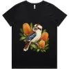 Black women’s V-neck T-shirt printed with a kookaburra among golden banksia
