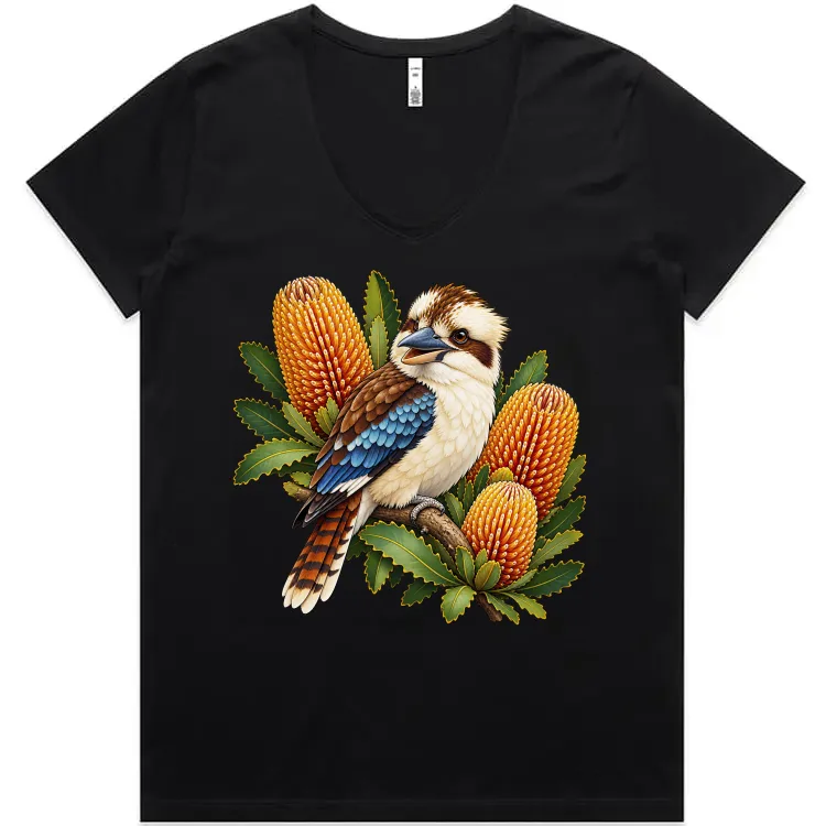 Black women’s V-neck T-shirt printed with a kookaburra among golden banksia