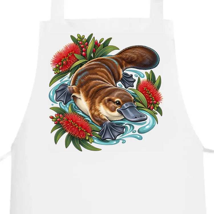 Platypus Among Bottlebrush printed on a white Apron, design by Australia Art Prints