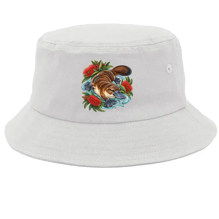 Platypus Among Bottlebrush printed on a white Bucket Hat, design by Australia Art Prints