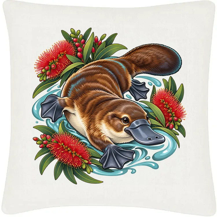 Platypus Among Bottlebrush printed on an off white Cushion Cover, design by Australia Art Prints