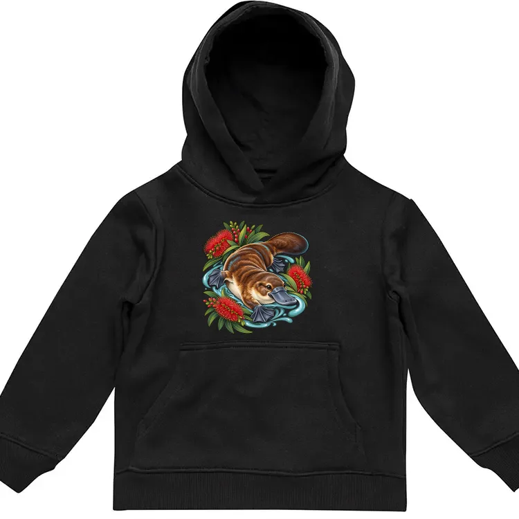 Platypus Among Bottlebrush printed on a black Kids Hoodie, design by Australia Art Prints