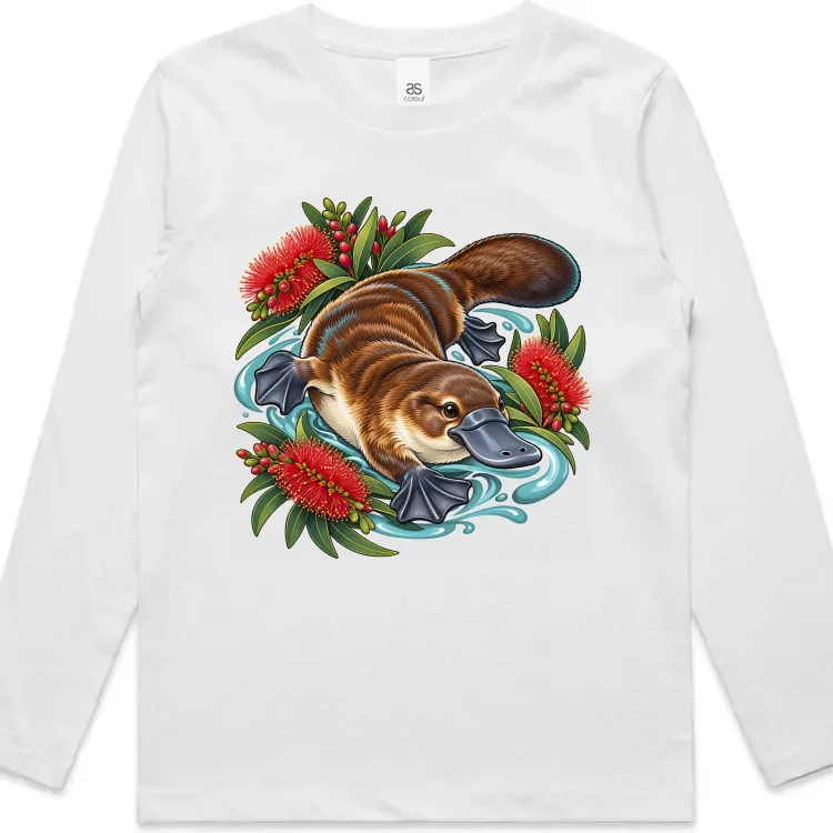 Platypus Among Bottlebrush printed on a white Kids Long Sleeve T-Shirt, design by Australia Art Prints
