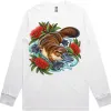 Platypus Among Bottlebrush printed on a white Long Sleeve T-Shirt, design by Australia Art Prints
