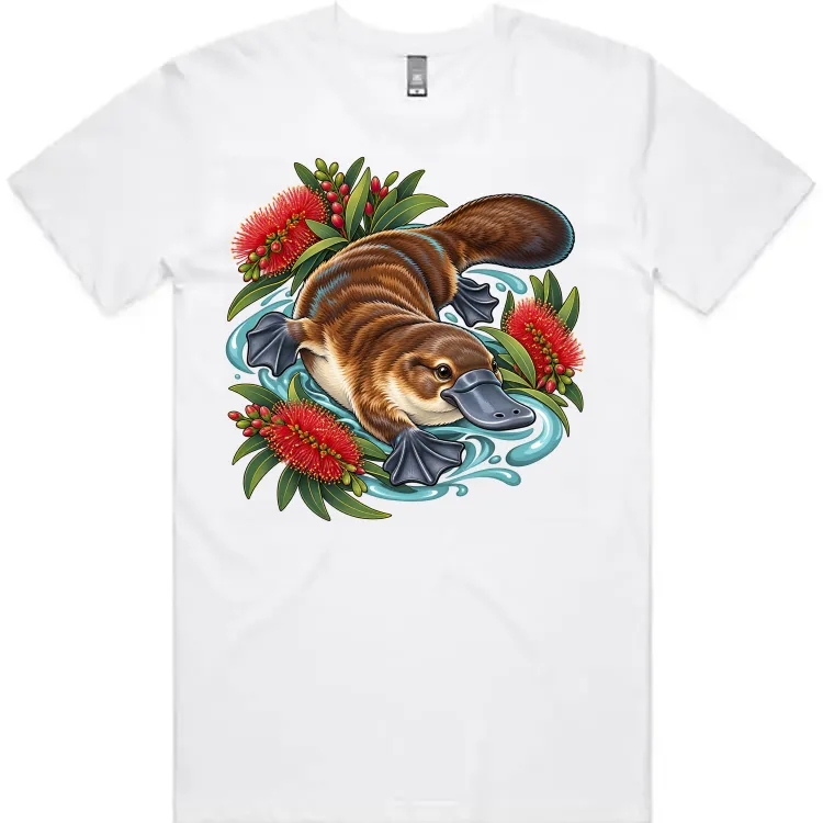 Platypus Among Bottlebrush printed on a white Men’s T-Shirt, design by Australia Art Prints