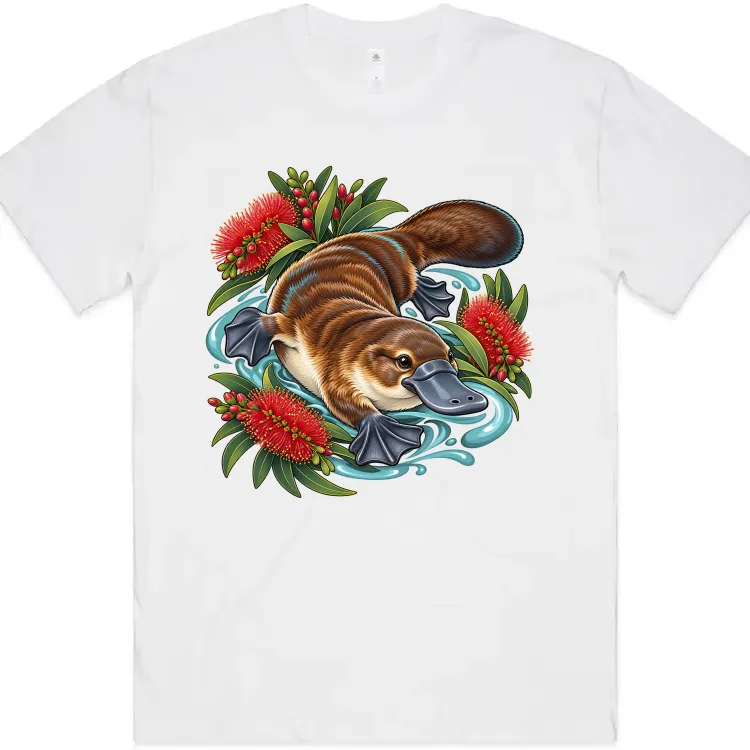 Platypus Among Bottlebrush printed on a white Oversized T-Shirt, design by Australia Art Prints