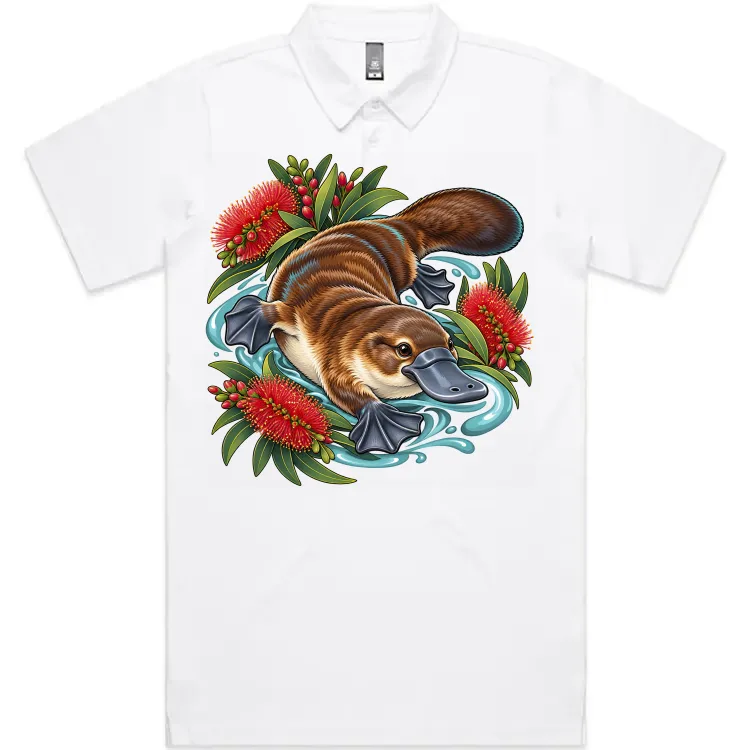 Platypus Among Bottlebrush printed on a white Polo Shirt, design by Australia Art Prints